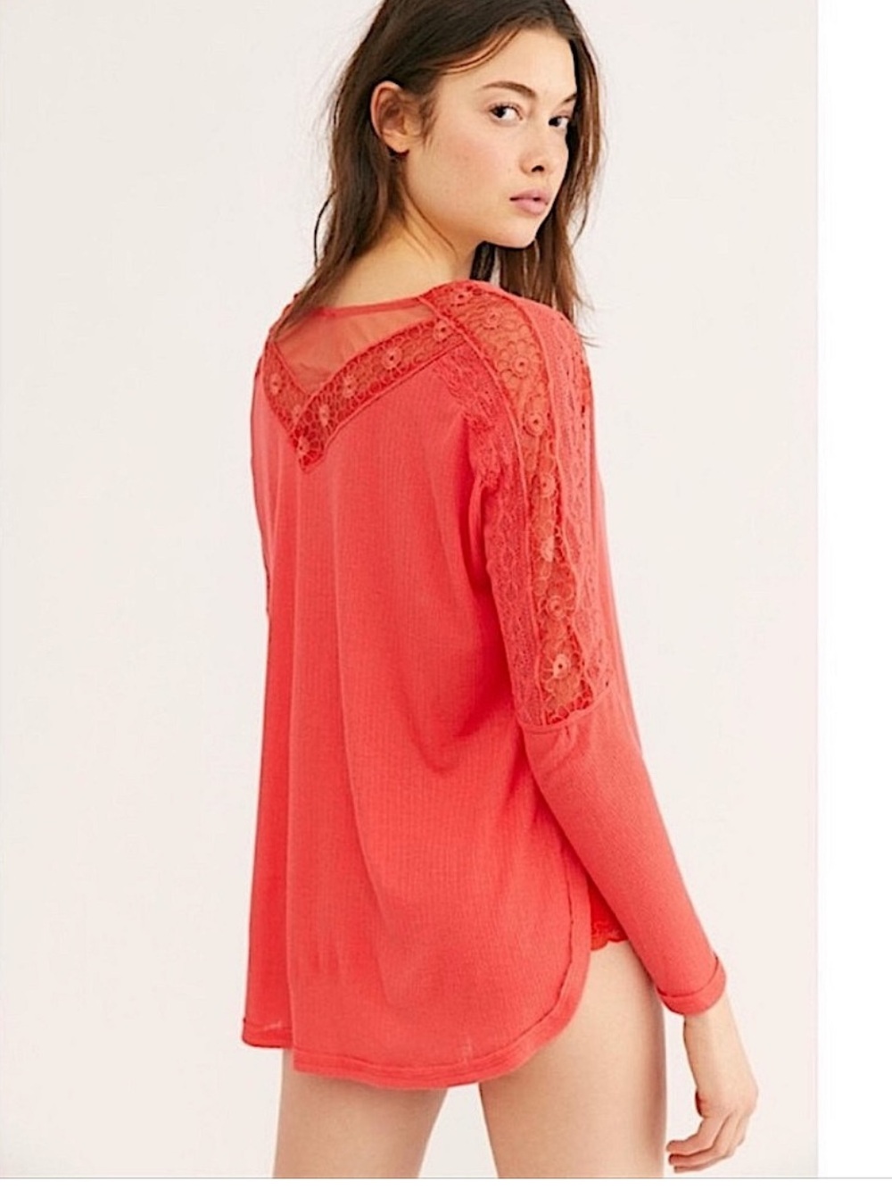 Free People Lola Rose Lace-Trim Long Sleeve Thermal Top Coral Orange